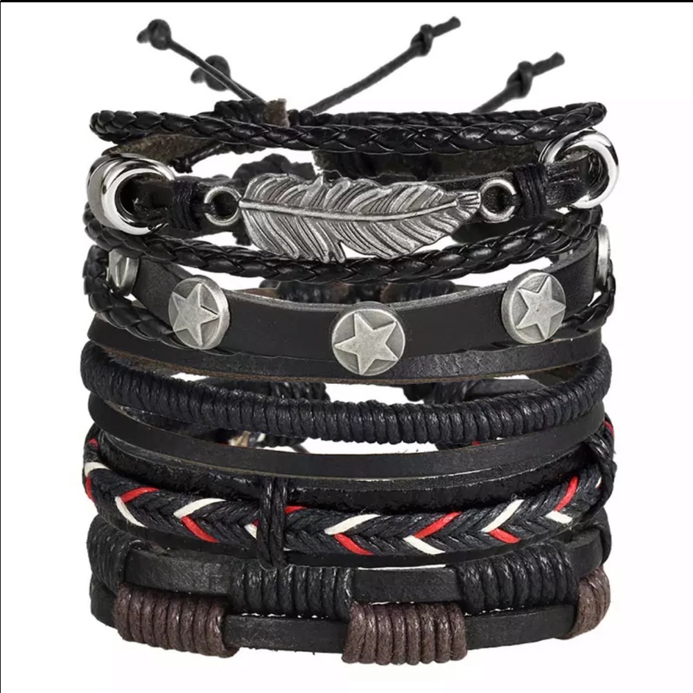 Layered Leather Bracelet Set - 6-Piece Black Charm